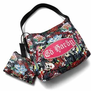 NWT Ed Hardy Tattoo Print Shoulder Bag with Matching Wristlet Black Multicolor